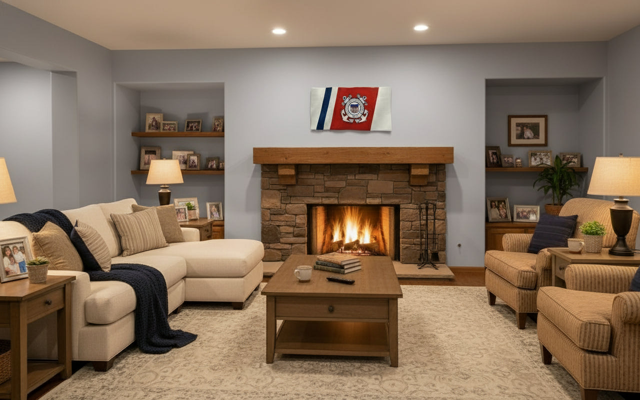 Flag of the United States Coast Guard with a blue, white, and red design.